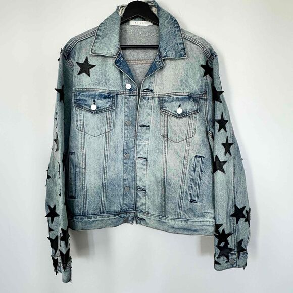 mnml Men's Blue Denim Distressed Star Patch Button Front Jacket Size Medium - Picture 1 of 4